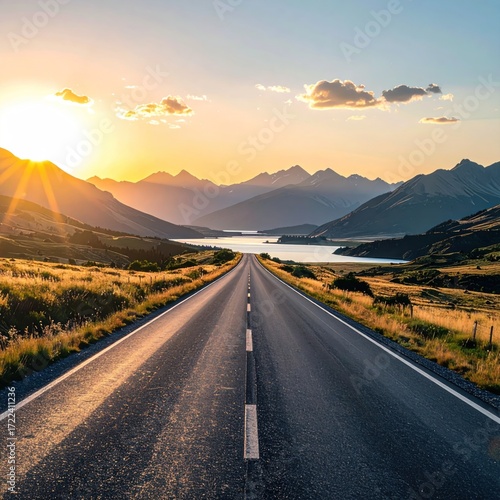 A long, straight asphalt road leads to mountains with a lake and a sunset sky overhead