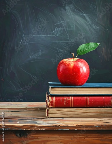 Red apple with green leaf on books, atop a weathered wooden desk against a dark chalkboard background, evokes knowledge and education