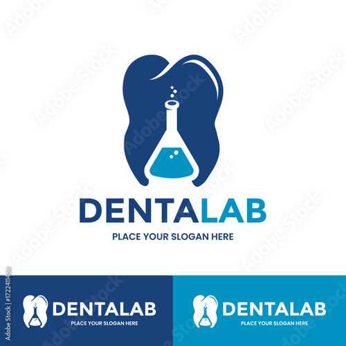 Creative dental logo featuring a tooth and a laboratory flask, symbolizing professional dental care and scientific precision. Ideal for dental clinics, laboratories, or health-related businesses.