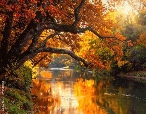 A serene river meanders through a forest ablaze with autumn colors, as light streams through leaves reflecting in tranquil water
