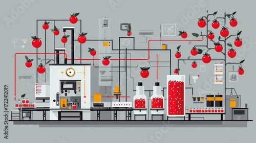 A stylized illustration depicts the automated process of tomato harvesting, processing, and packaging into various products, from farm to finished goods