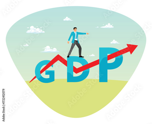 GDP Gross domestic product concept. Businessman Standing On GDP Letters With Upward Arrow.