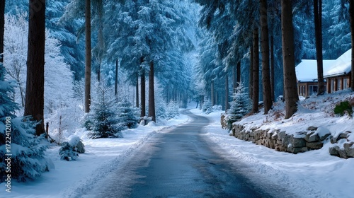 Winding Snowy Road Through Winter Forest Landscape with Tall Evergreen Trees and Stone Wall with Blueish Tint and Sunlight Filtering