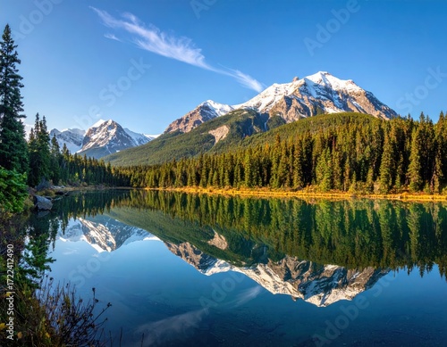 Serene mountain lake reflects snow-capped peaks under a blue sky. Evergreen trees frame the still water, creating a peaceful natural scene