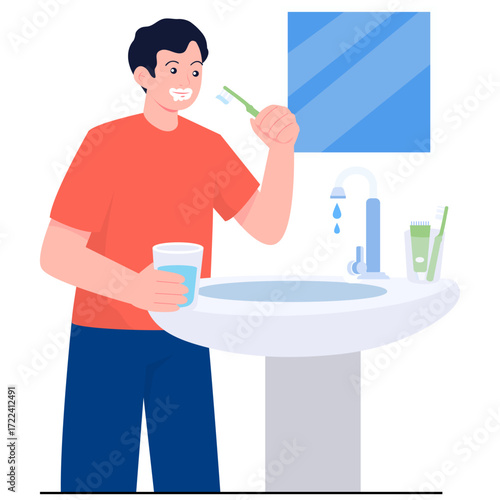 Man brushing teeth in bathroom with sink and mirror