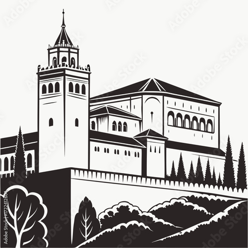 "Alhambra silhouette art Granada Spain skyline poster, Moorish palace fortress landmark illustration, black and white minimalist travel wall decor for cultural heritage architecture lovers"