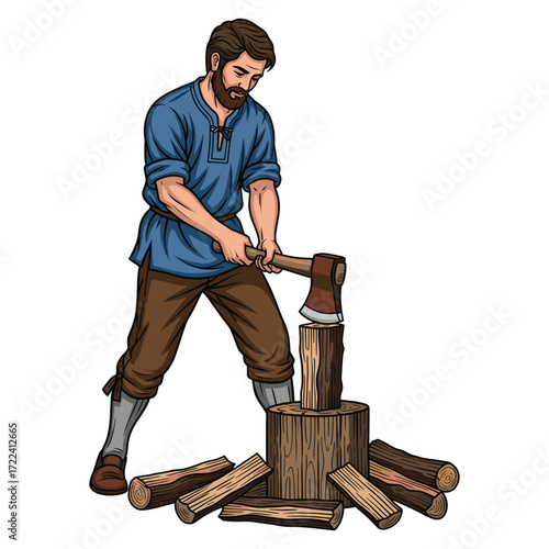 Vector Illustration of Man with Axe Chopping Log in Rustic Style with Natural Wood and Earth Tones