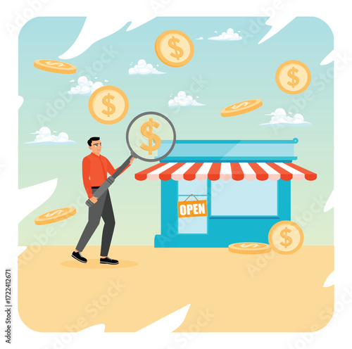 Business evaluation or earning concept. Businessman evaluate small shop with dollar money.