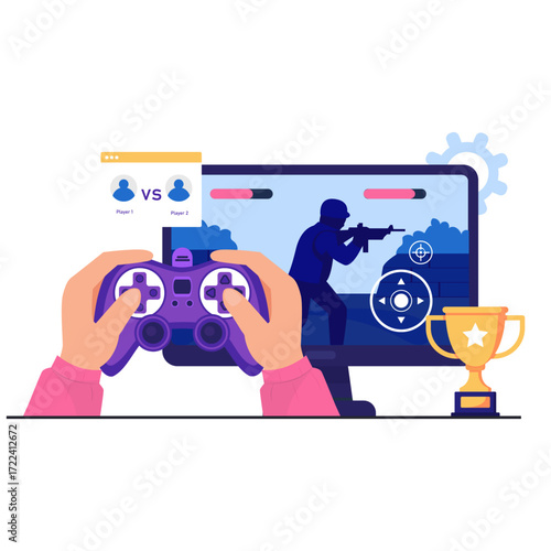 Hands holding controller playing video game on screen