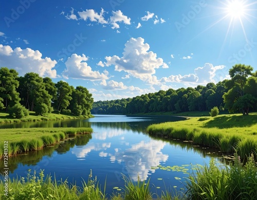 Tranquil river scene lush green banks, dense trees, fluffy clouds, and a bright sun reflecting beautifully on calm, blue water