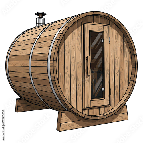 Vector Illustration of Wooden Barrel Sauna in Modern Rustic Style with Natural Wood Texture and Glass Door for Wellness and Spa Design