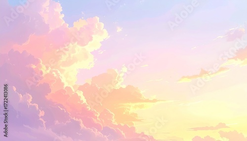 Painterly scene of pastel clouds in the sky, exhibiting shades of peach, pink, yellow, and lavender at sunset or sunrise