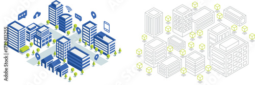 Isometric city scene with smart technology icons