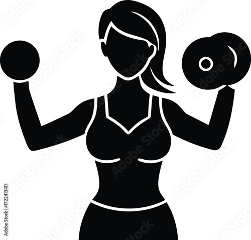 Woman lifting dumbbell vector icon.