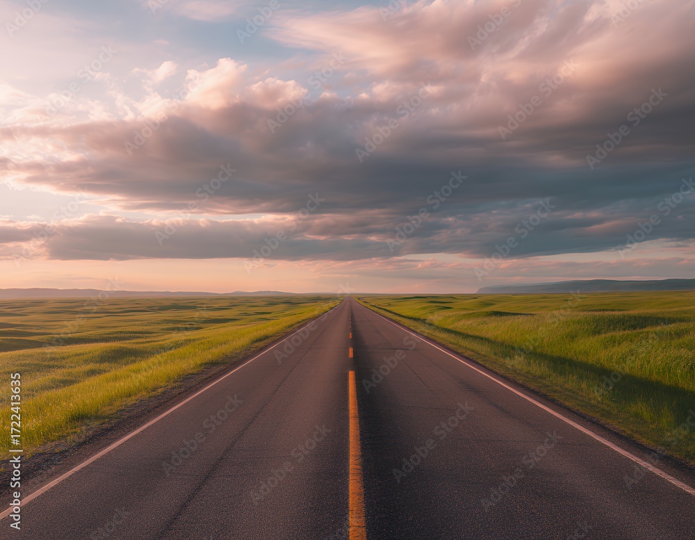 Fototapeta premium A serene open road stretches into the distance under a colorful sky.
