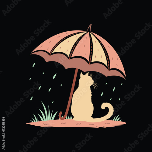 Rainy Day cat Umbrella vector, Cat Sitting Under Umbrella 
