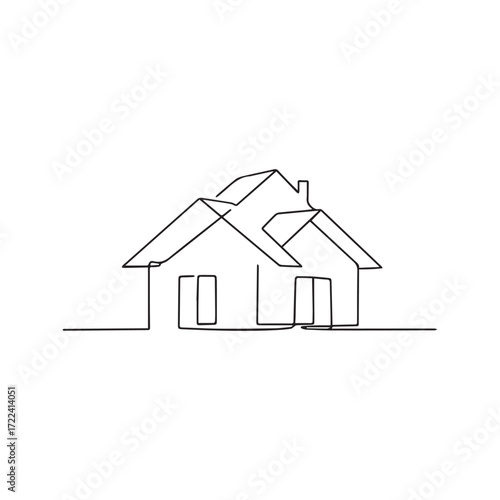 Continuous one line drawing of a residential house. Minimalist home building concept for real estate logo. Modern architecture vector illustration.
