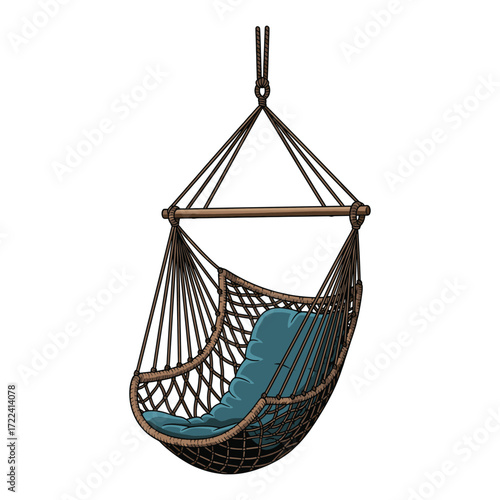 Vector Illustration of a Hanging Hammock Chair with Blue Cushion in Natural Style for Relaxation and Outdoor Decor