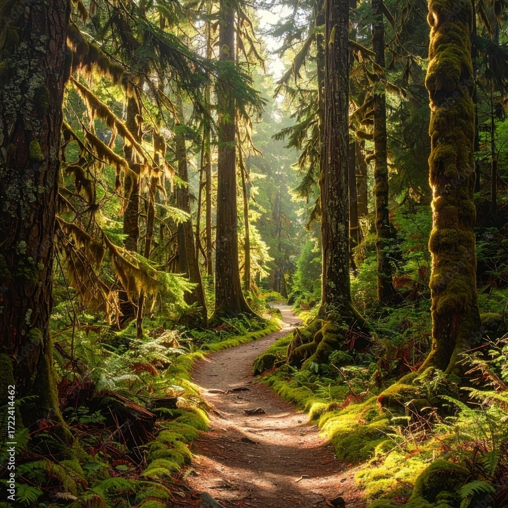 Obraz premium Sunlit path meanders through a lush, verdant forest. Ancient trees tower, draped in moss, casting dappled shadows along the winding trail