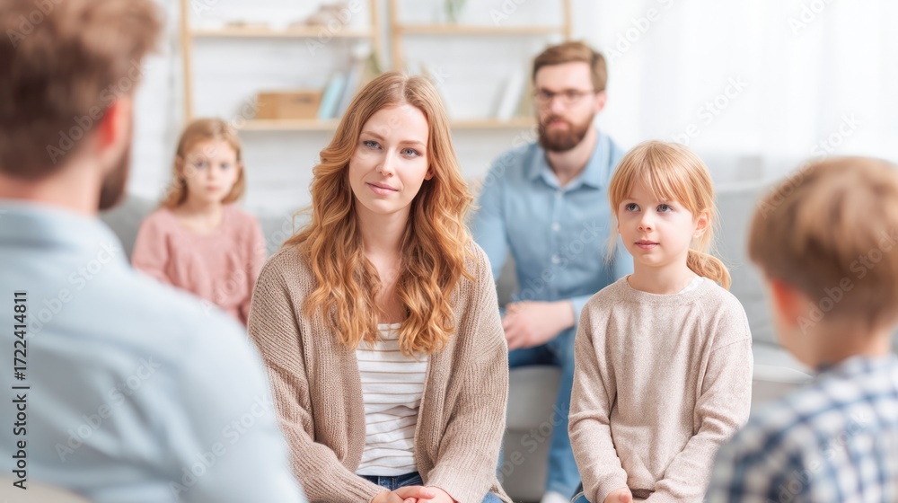 Fototapeta premium A family sitting in a living room, engaged in a conversation.