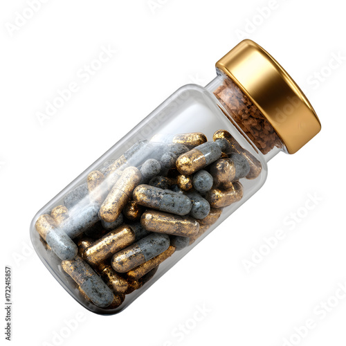 Wallpaper Mural Luxury supplement capsules in a glass bottle with golden cap, promoting wellness, vitality and health benefits, symbolizing innovative pharmaceuticals and medicine with an elegant and modern aesthetic Torontodigital.ca