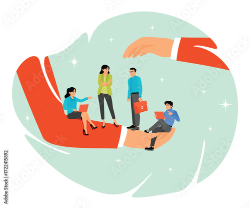 Employee care concept, businessman hand cover working employees with care.