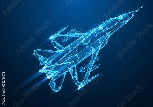 Digital fighter jet. Digital military airplane in futuristic tech style. Polygonal jet fighter hologram. Futuristic digital fighter jet rendered in a glowing blue wireframe network