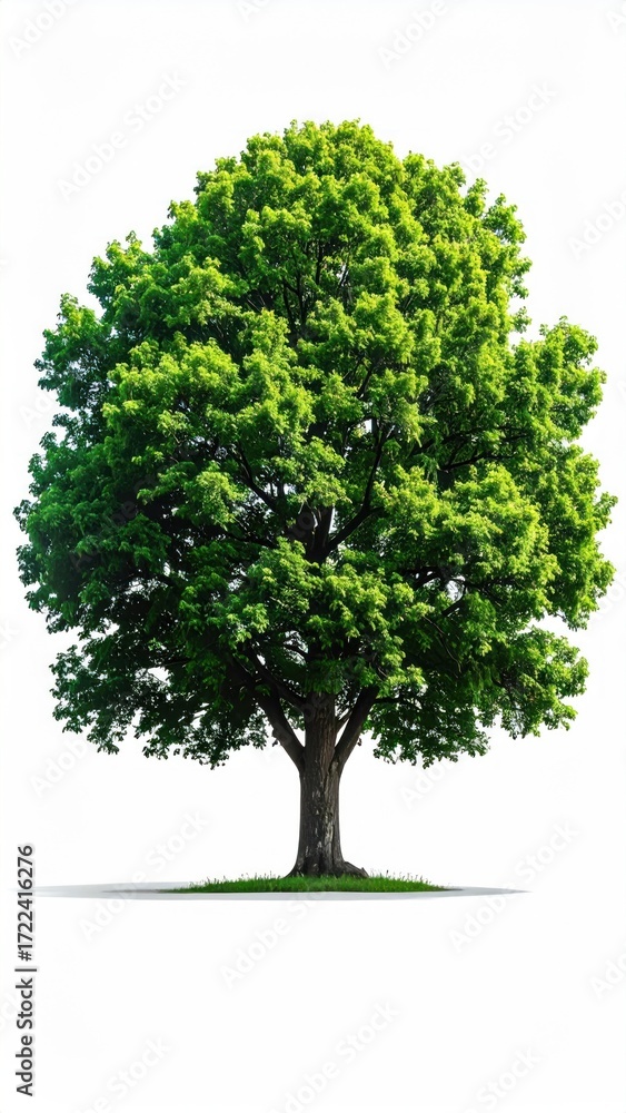 Obraz premium A lush green tree with a thick trunk stands tall, its branches reaching for the sky against a clean white backdrop, with a subtle cast shadow