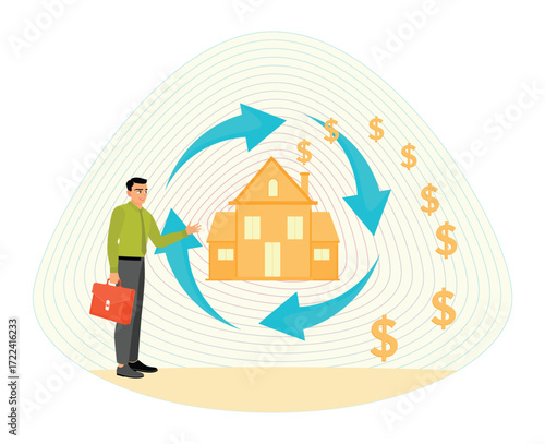 Reverse mortgage concept. Businessman with reverse mortgage house produce dollar money signs.