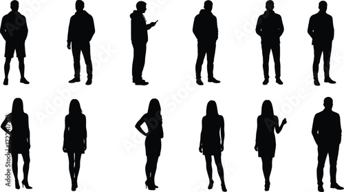 Silhouette collection of men and women, standing poses, casual clothing, modern lifestyle, business fashion, people vector illustration, design resource