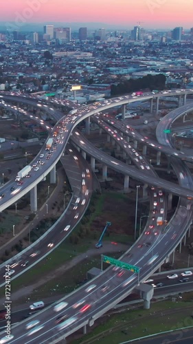 Timelapse of Evening commute on a busy freeway interchange in Oakland, California, USA. Cars and trucks are moving along multiple overpasses toward the city skyline.