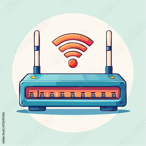 A teal wireless router with antennas broadcasting a Wi-Fi signal.
