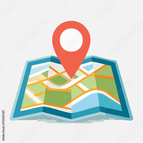 Folded map with location pin indicating a place.