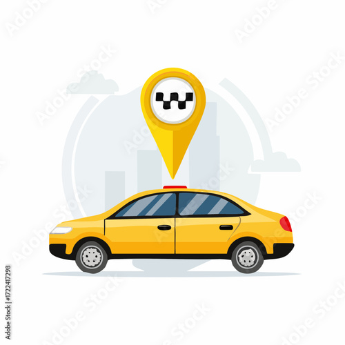 Yellow taxi cab located via GPS pin, city skyline background.