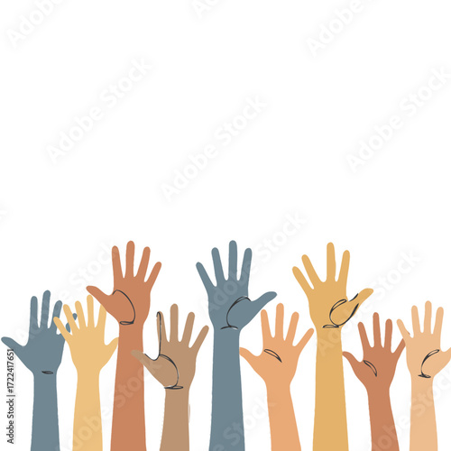 A diverse group of hands of various skin tones raised in the air, symbolizing unity, participation, and community.