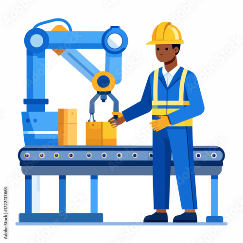 Worker in Technology and AI Professions Operating an Automated Robotic Arm on a Conveyor Belt