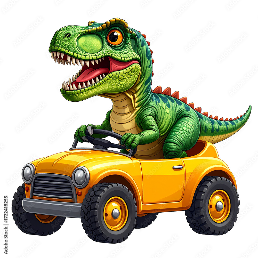 Fototapeta premium Dinosaur Driving Adventure Isolated On White Background: A playful and vibrant illustration featuring a cheerful dinosaur behind the wheel of a colorful toy car. 