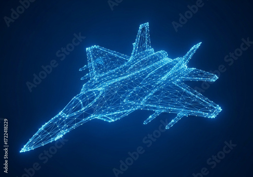 Digital fighter jet. Digital military airplane in futuristic tech style. Polygonal jet fighter hologram. Futuristic digital fighter jet rendered in a glowing blue wireframe network