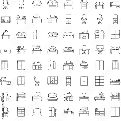 A collection of hand-drawn sketches of various furniture items, including chairs, desks, sofas, cabinets, and beds, presented in a grid layout.