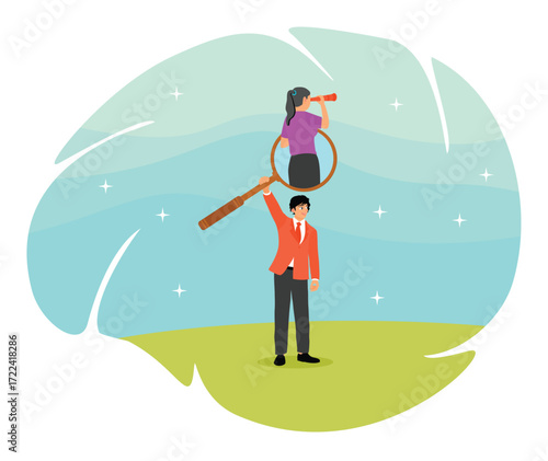 Search for new job concept. Man Lifting Woman With Telescope Over Scenic Landscape.