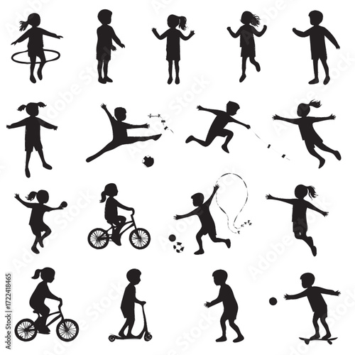 Collection of Silhouettes of Children Engaged in Various Activities and Sports.