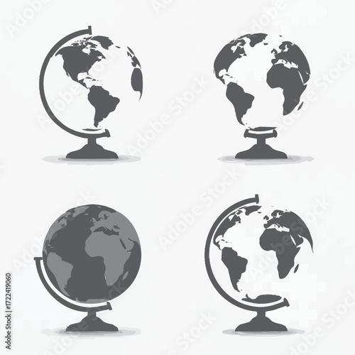 Four stylized globes of Earth, each with a unique tilt and perspective, presented in a monochromatic grayscale palette against a plain background.