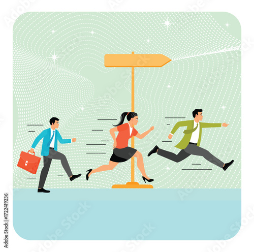 Right direction to success concept. Business people running to the right direction with signpost.