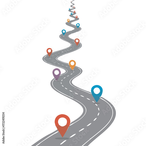 A winding road with colorful location pins marking the path, symbolizing a journey or progress.