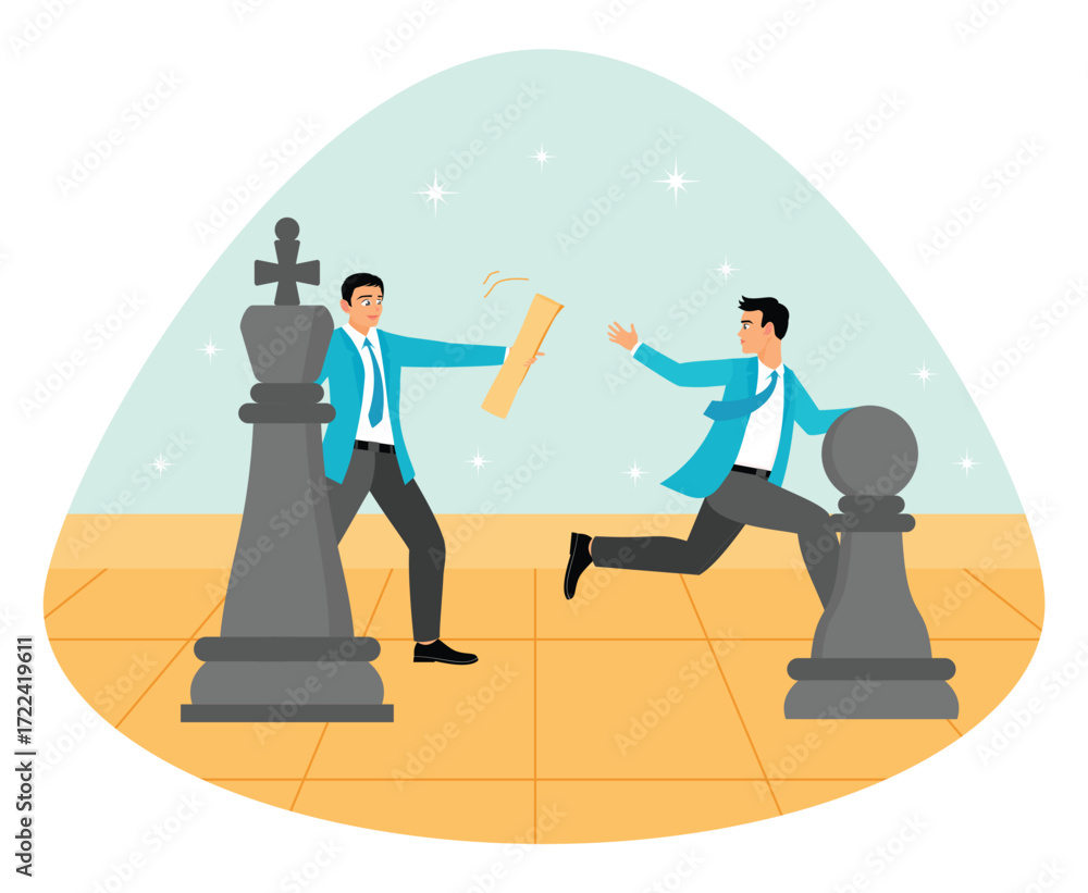 Fototapeta premium Succession planning concept. Businessmen Competing Over a Large Chessboard in a Office Setting.