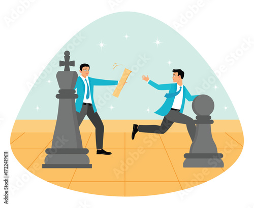 Succession planning concept. Businessmen Competing Over a Large Chessboard in a Office Setting.