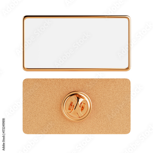 Golden Metal Badge Pin. Blank Square Golden Lapel Pin Mockup With Safety Clasp Front And Back Views. 3d Rendering