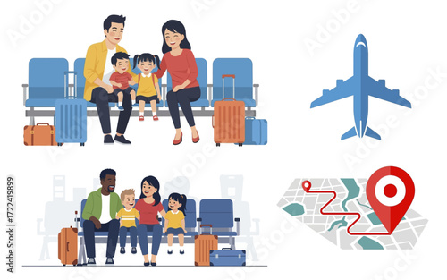 Happy Family Waiting for Flight with Luggage and Travel Map.