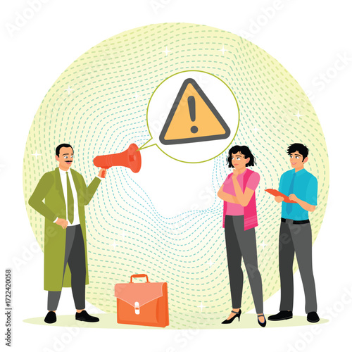 Shouting warning message concept. Businessman With Megaphone Warns Colleagues.