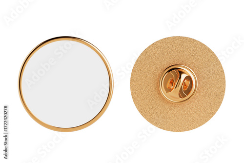 Golden Metal Badge Pin. Blank Circle Silver Lapel Pin Mockup With Safety Clasp Front And Back Views. 3d Rendering